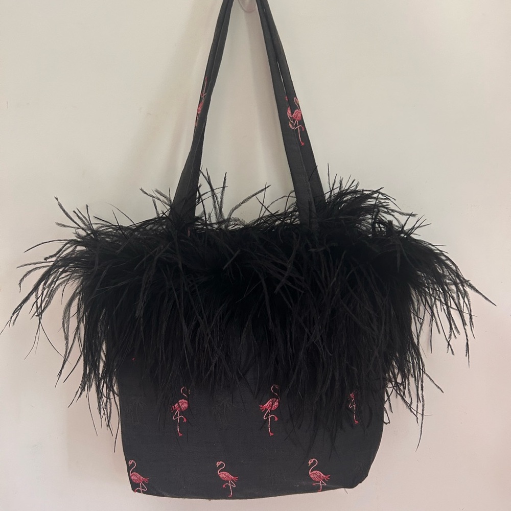 Black Pink Ostrich Feather Tote Bag Embroidered Cosmo 🍸Flamingos 🦩Reversible